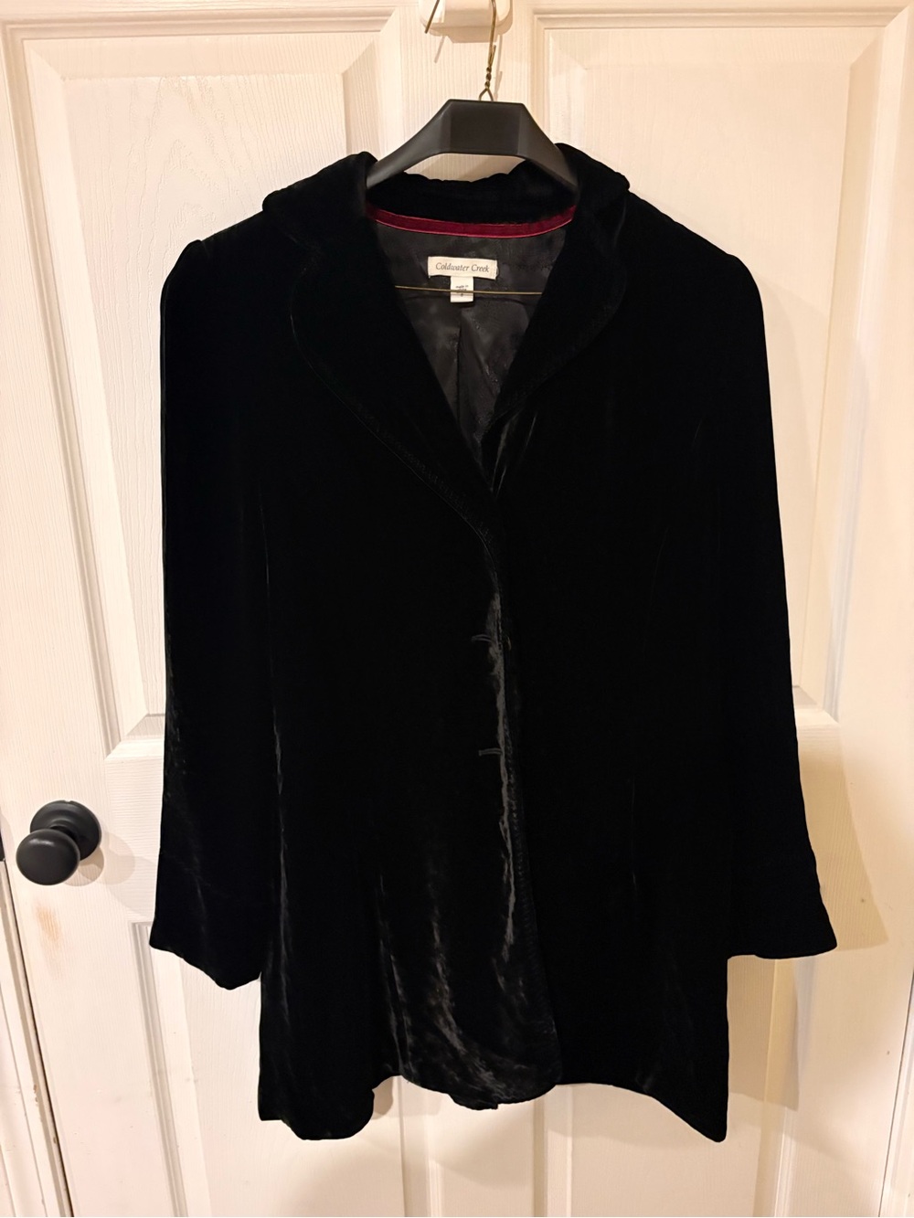 Coldwater Creek Black Velvet Hooded Trench Coat